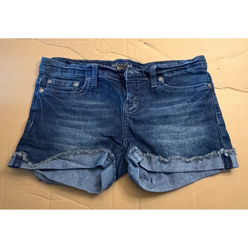 Islandia Womens Dark Wash Denim Cut Off Shorts Size 7 Frayed Hem Embroidered